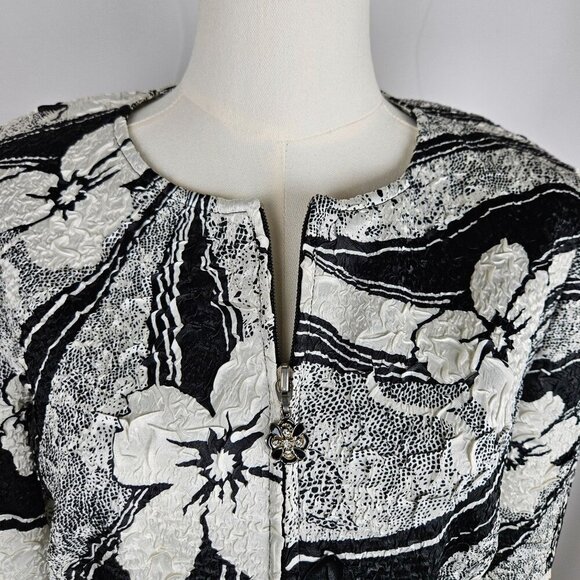Joseph Ribkoff Floral Black White Jacket Crinkle Size 8 Jewel Zip Pull - Picture 2 of 11